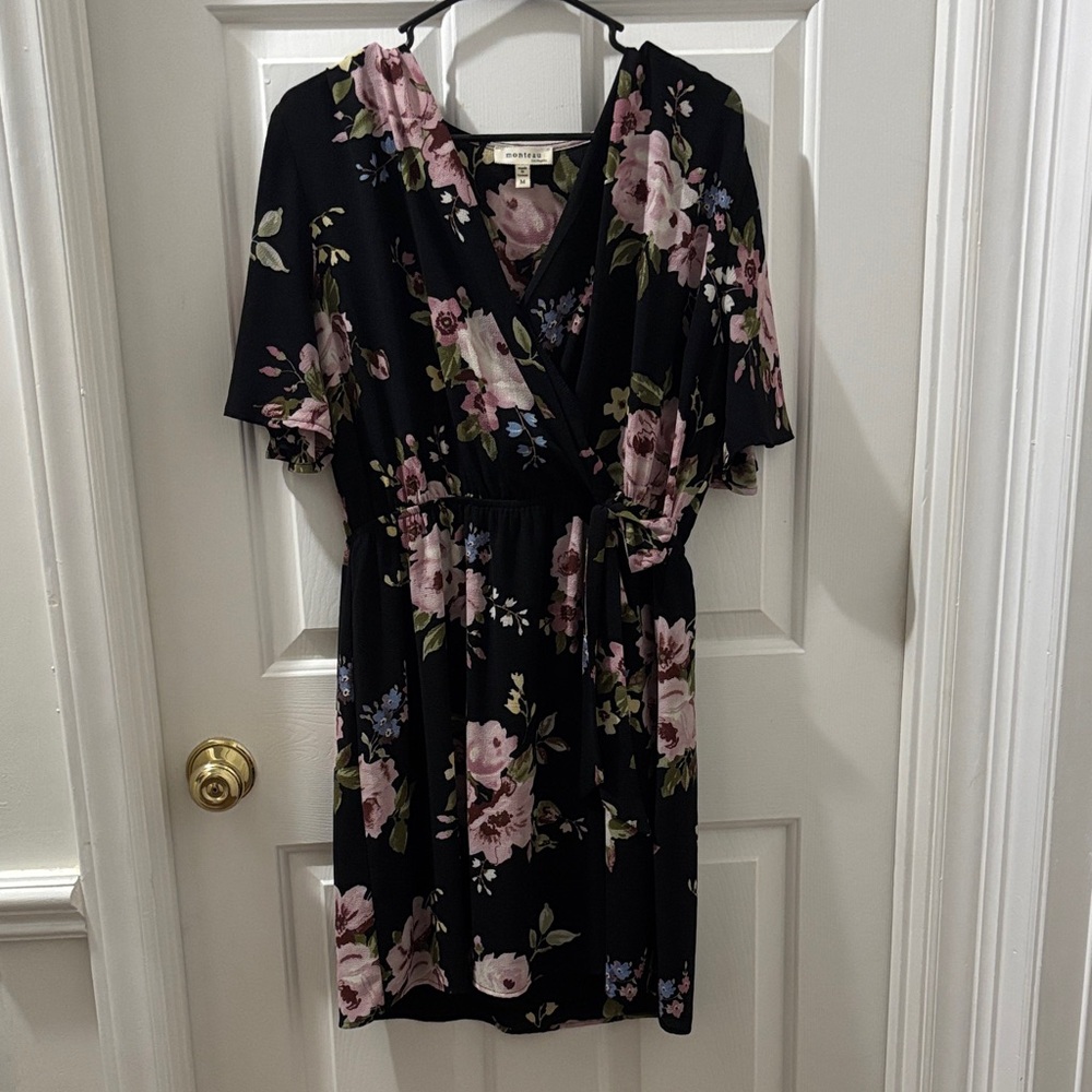 Monteau Black Floral Dress with Pink and Purple Accents